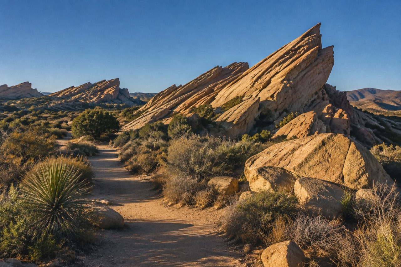 Tilted sandstone rock formations rising from dry desert chaparral under late afternoon sun