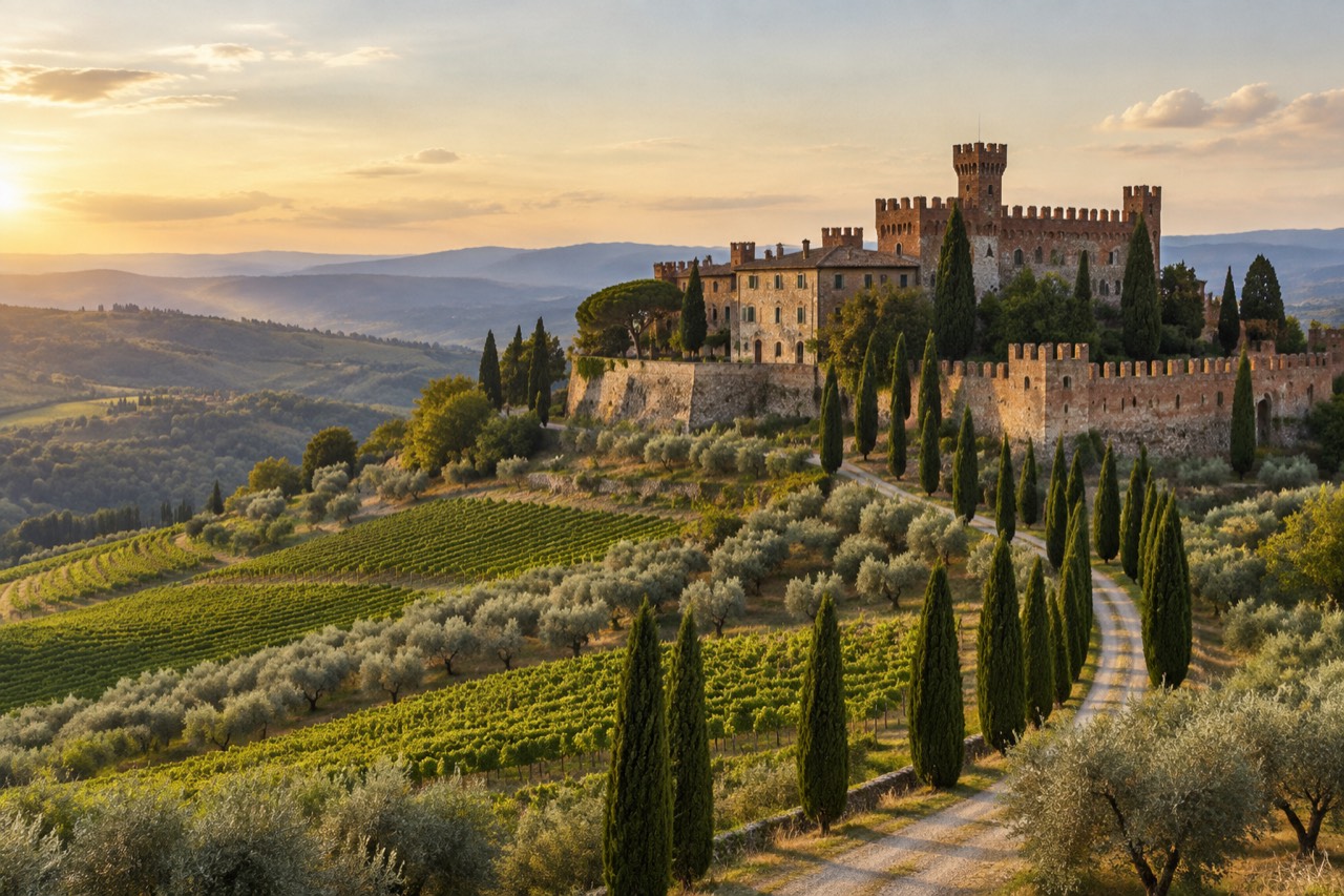 Hilltop Tuscan castle with brick ramparts above vineyards and a cypress-lined drive in golden light.