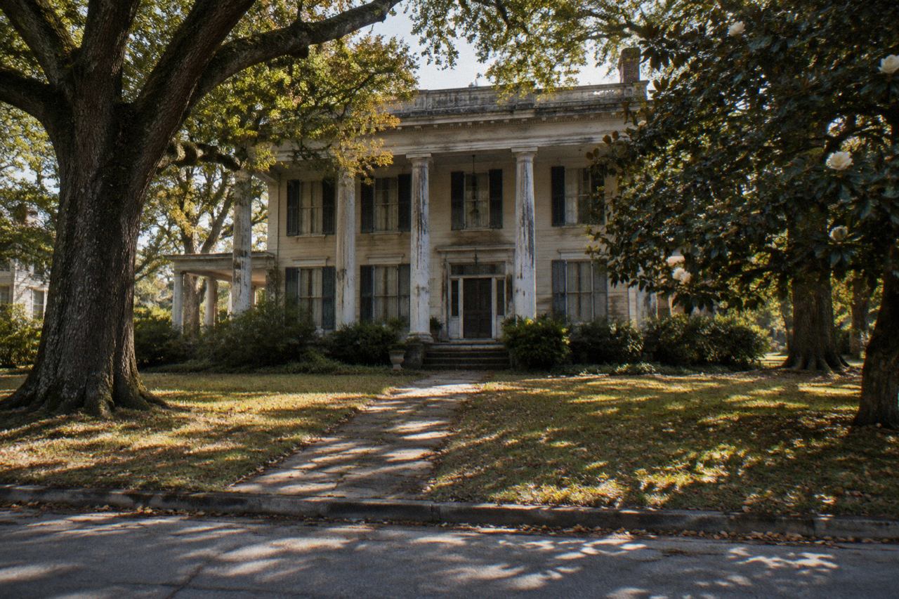 Weathered columned Victorian mansion behind oak-shaded lawn on quiet Georgia street