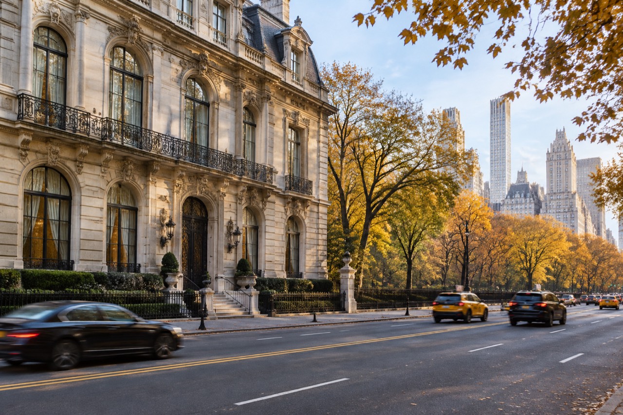 Limestone Gilded Age mansion on Fifth Avenue opposite autumn trees in Central Park.