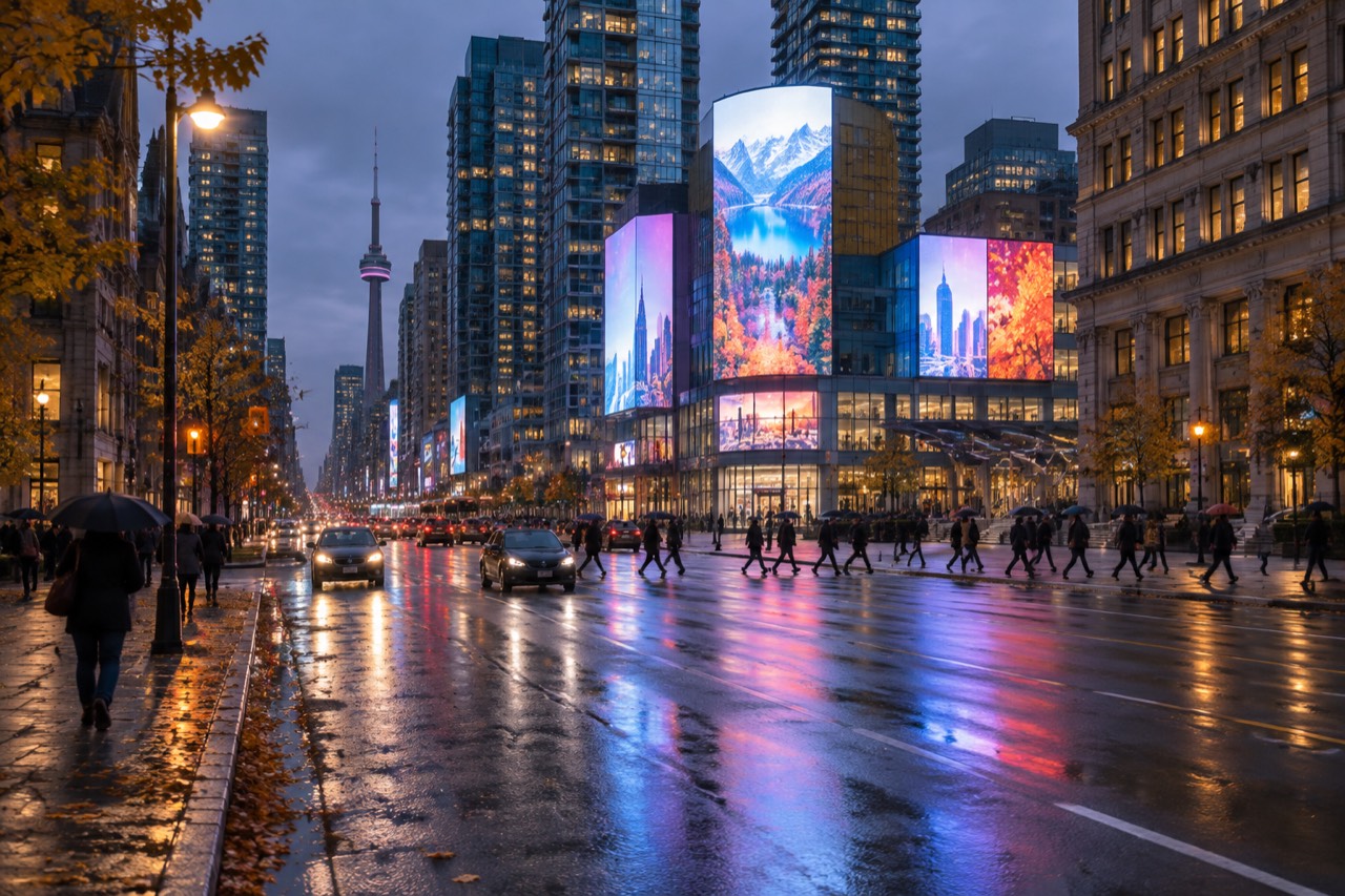 Downtown Toronto avenue at dusk with glass towers, glowing billboards, and a rain-slicked intersection