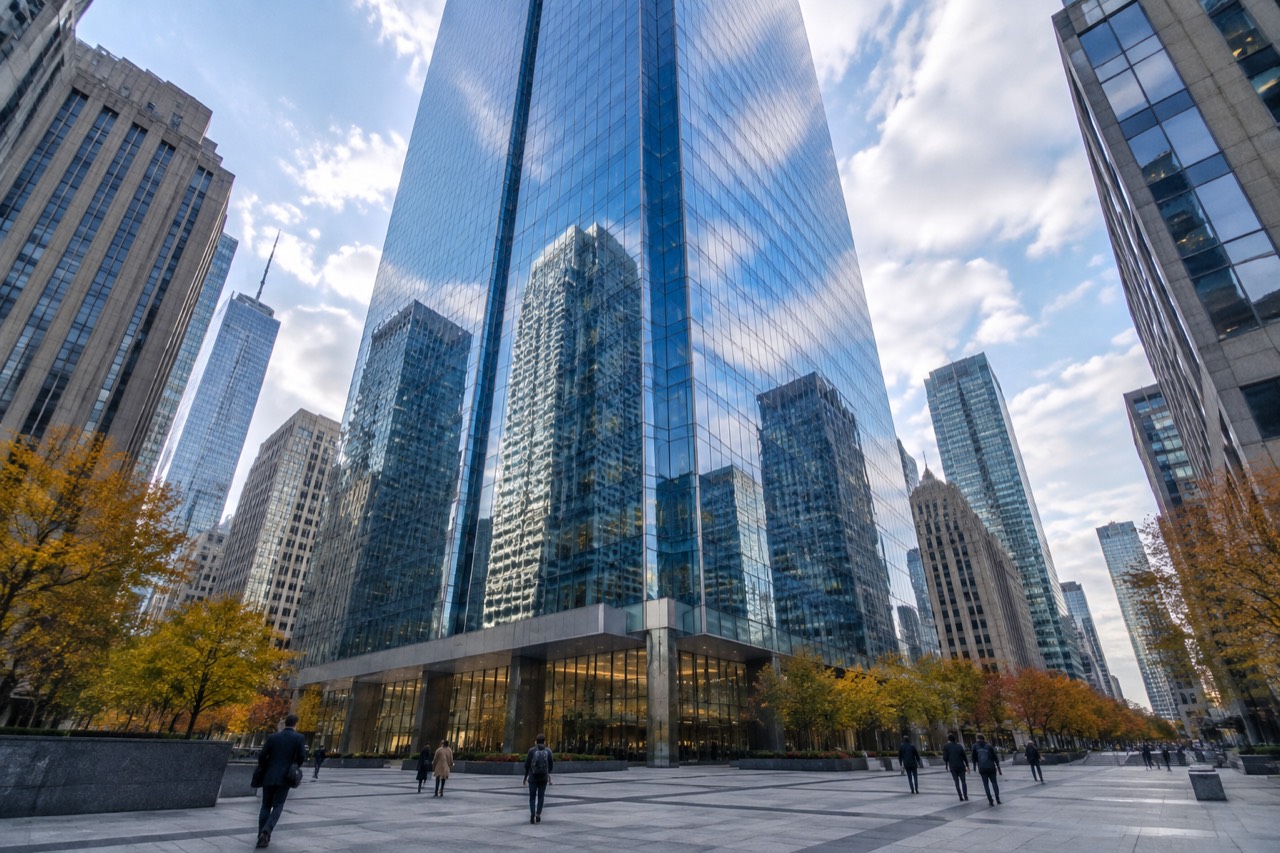 Blue-glass office tower in Toronto's Financial District reflecting neighbouring skyscrapers on an autumn afternoon