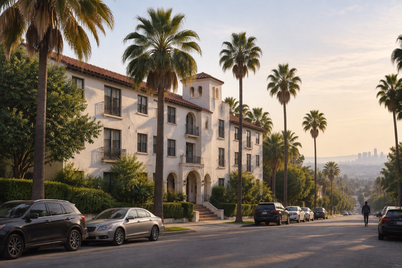 White stucco Spanish-style apartment building with red tile roof and palms on a Hollywood street.
