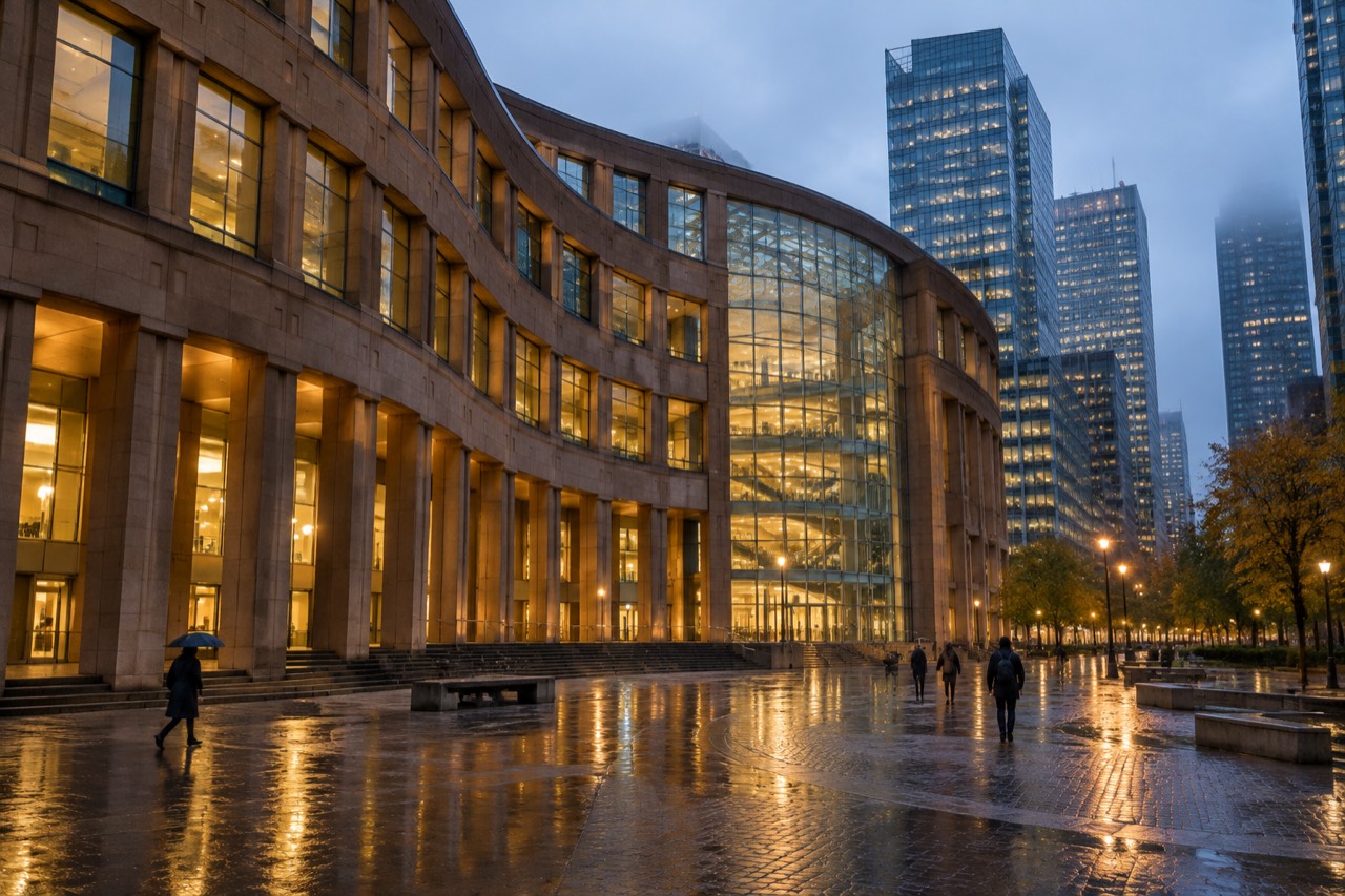 Curved sandstone library rotunda glowing at dusk beside downtown Vancouver towers on wet streets.