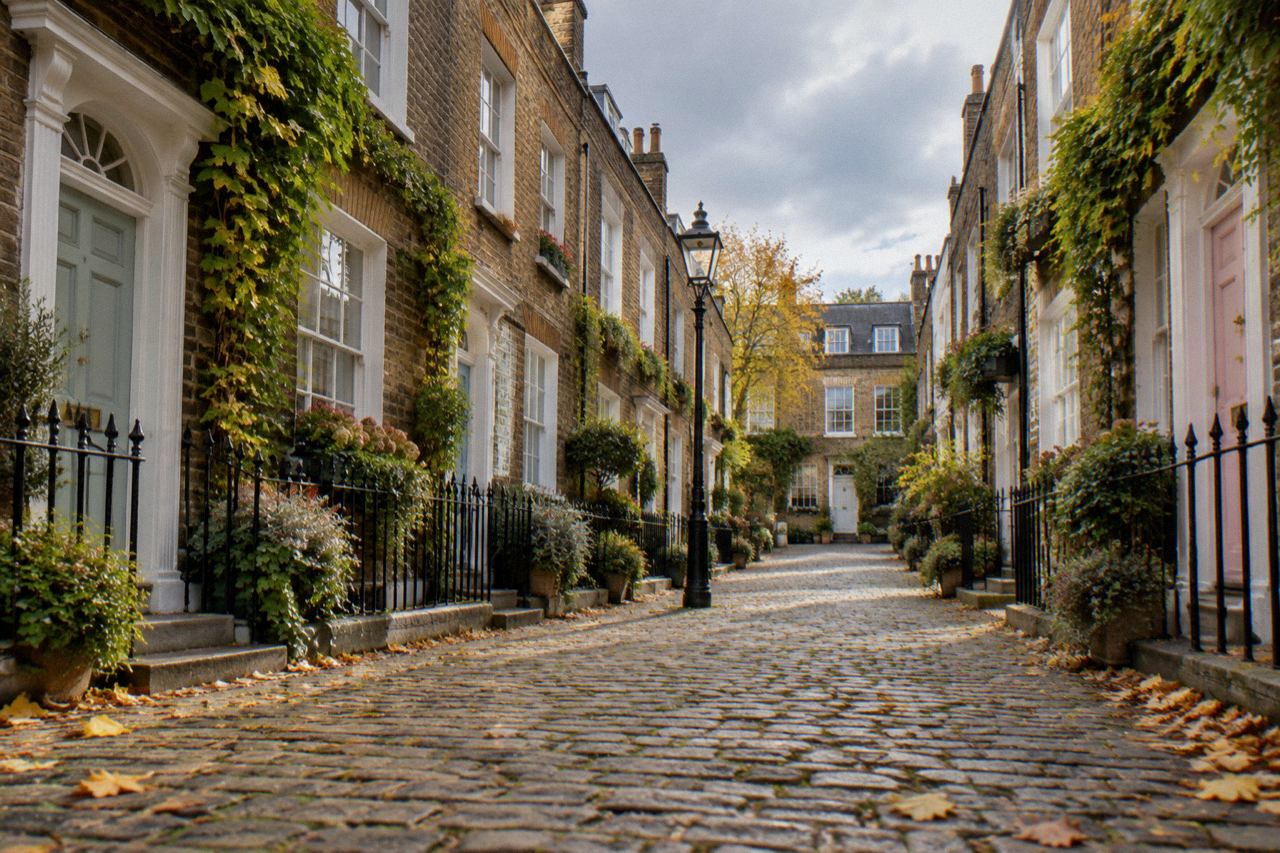 Narrow cobbled London lane with Georgian brick townhouses, lamppost and window boxes