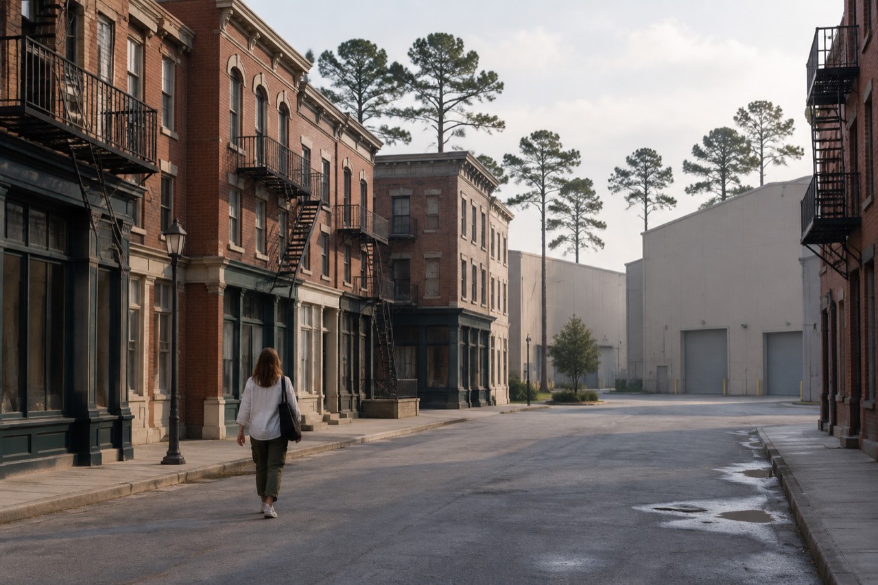 Studio backlot street with false storefronts and fire escapes beside soundstage warehouses, morning light.