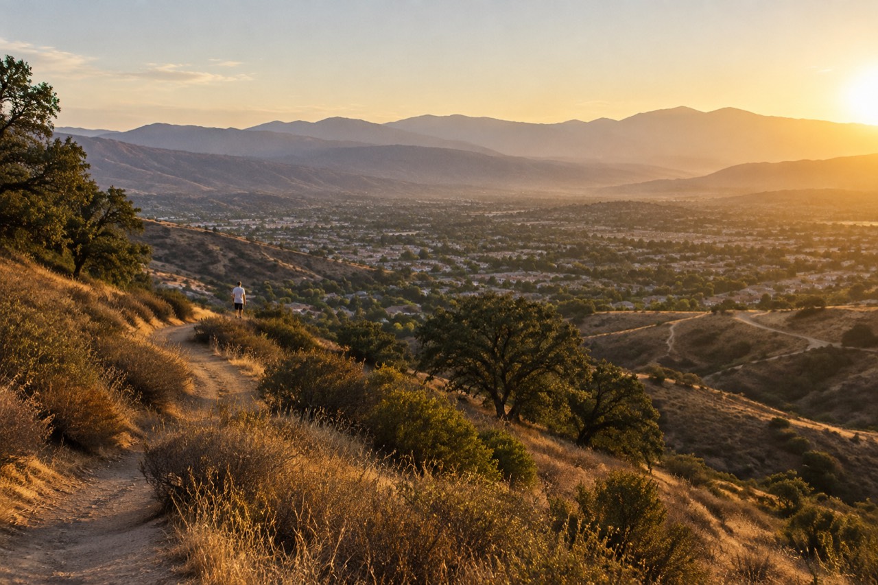 Golden dry hills and scattered oaks over suburban rooftops in the Santa Clarita Valley.