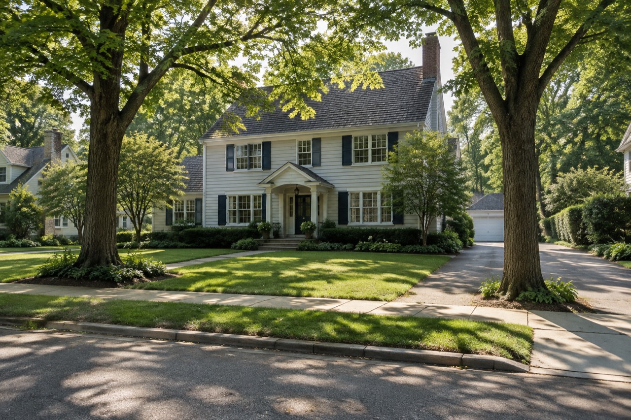 Two-story suburban house on a leafy street in a Chicago North Shore neighborhood.