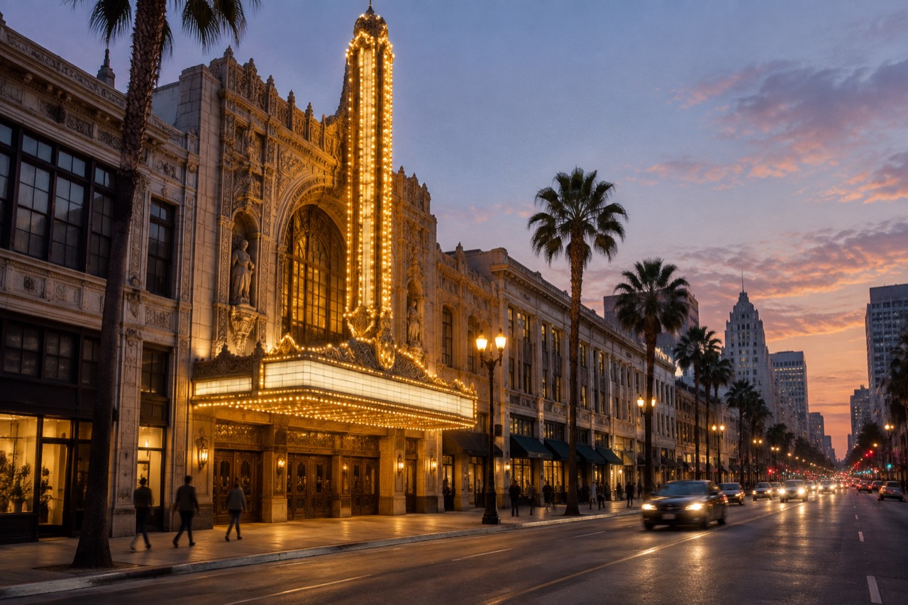 Illuminated historic movie palace facade at dusk with palm trees on a Los Angeles street.