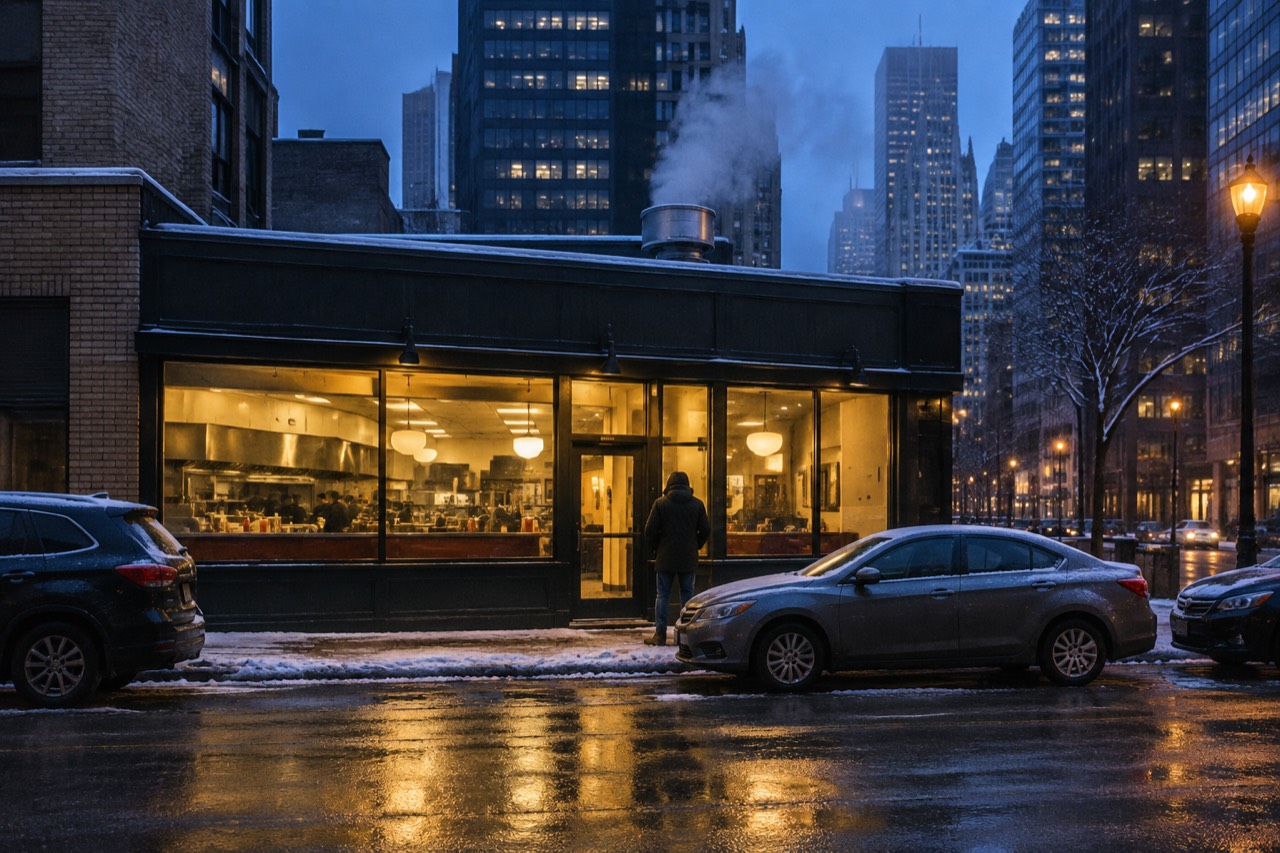 Small brick sandwich shop storefront glowing warmly on a snowy downtown Chicago street at dusk