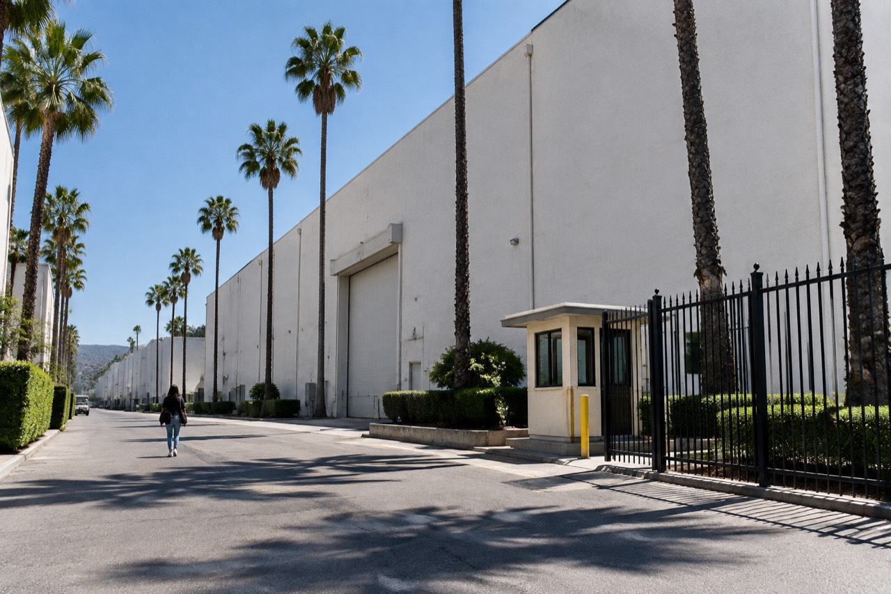Large white soundstage building behind palm trees on a sunny studio lot in Burbank