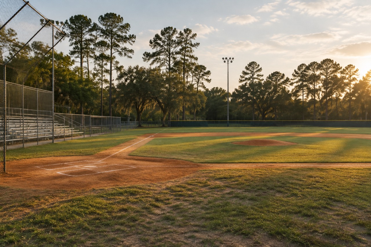 Empty small-town baseball field with chain-link fence, dirt diamond and pine trees at sunset.