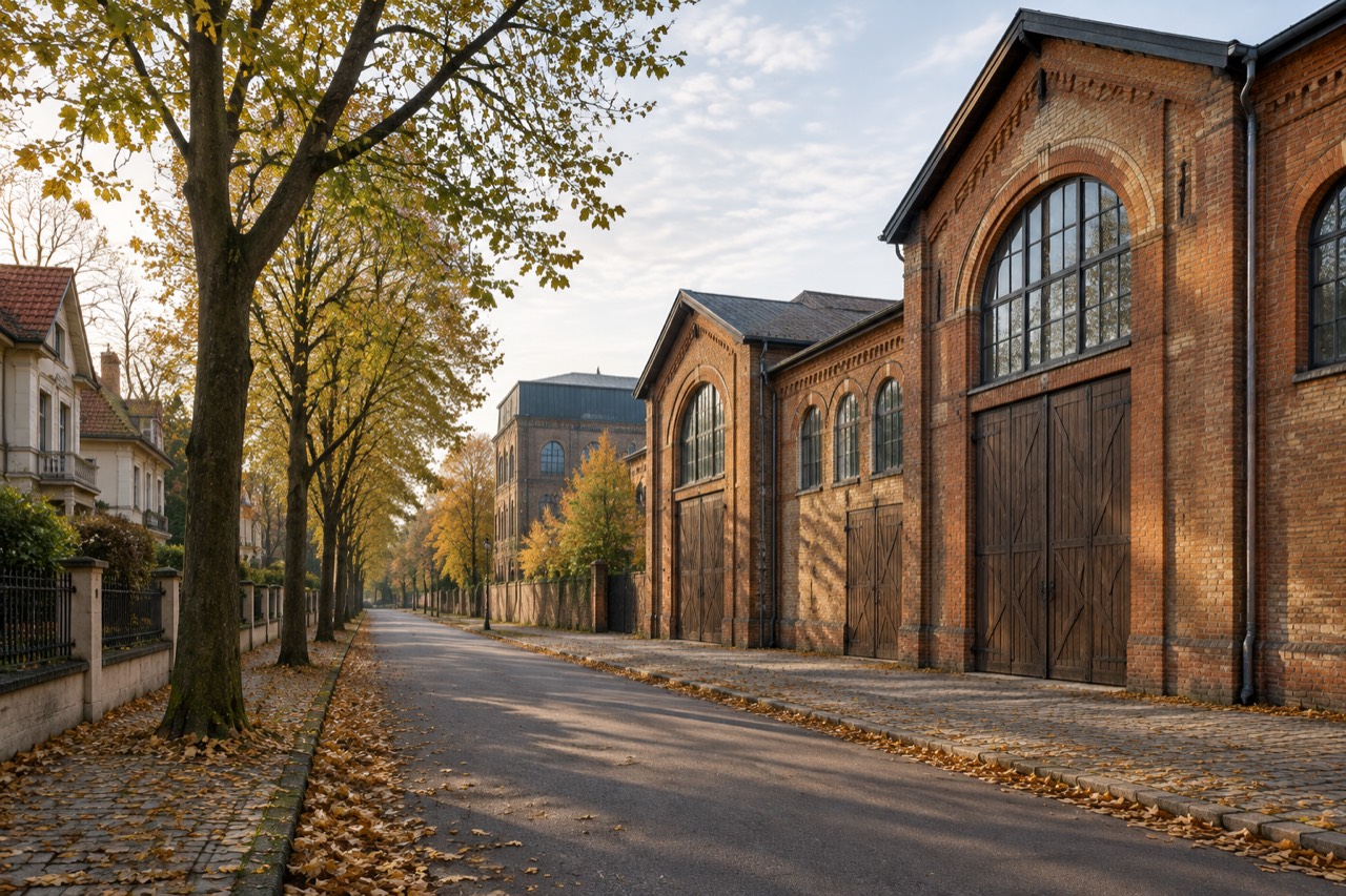 Historic brick film studio sound stages with arched windows under an autumn sky.