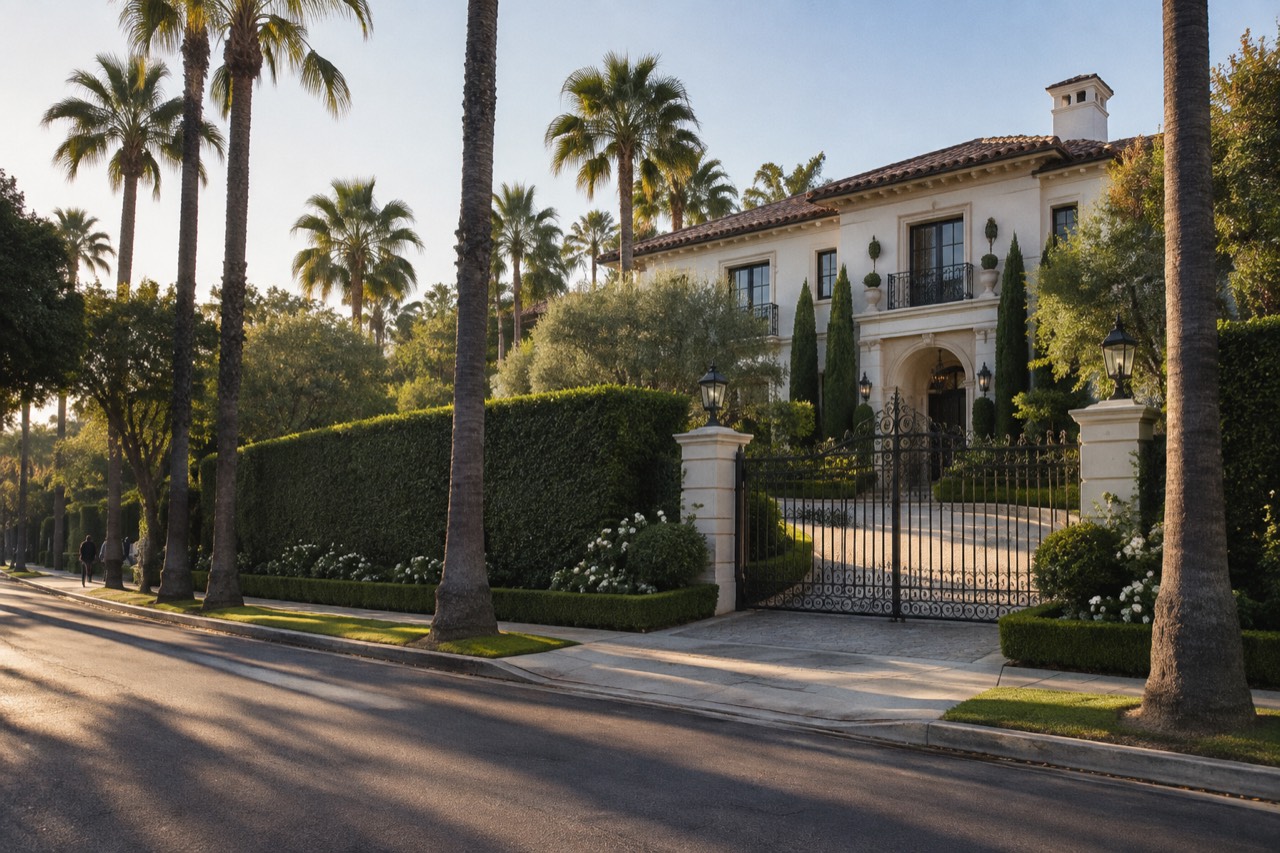White Mediterranean mansion behind hedge and gates on palm-lined Beverly Hills street