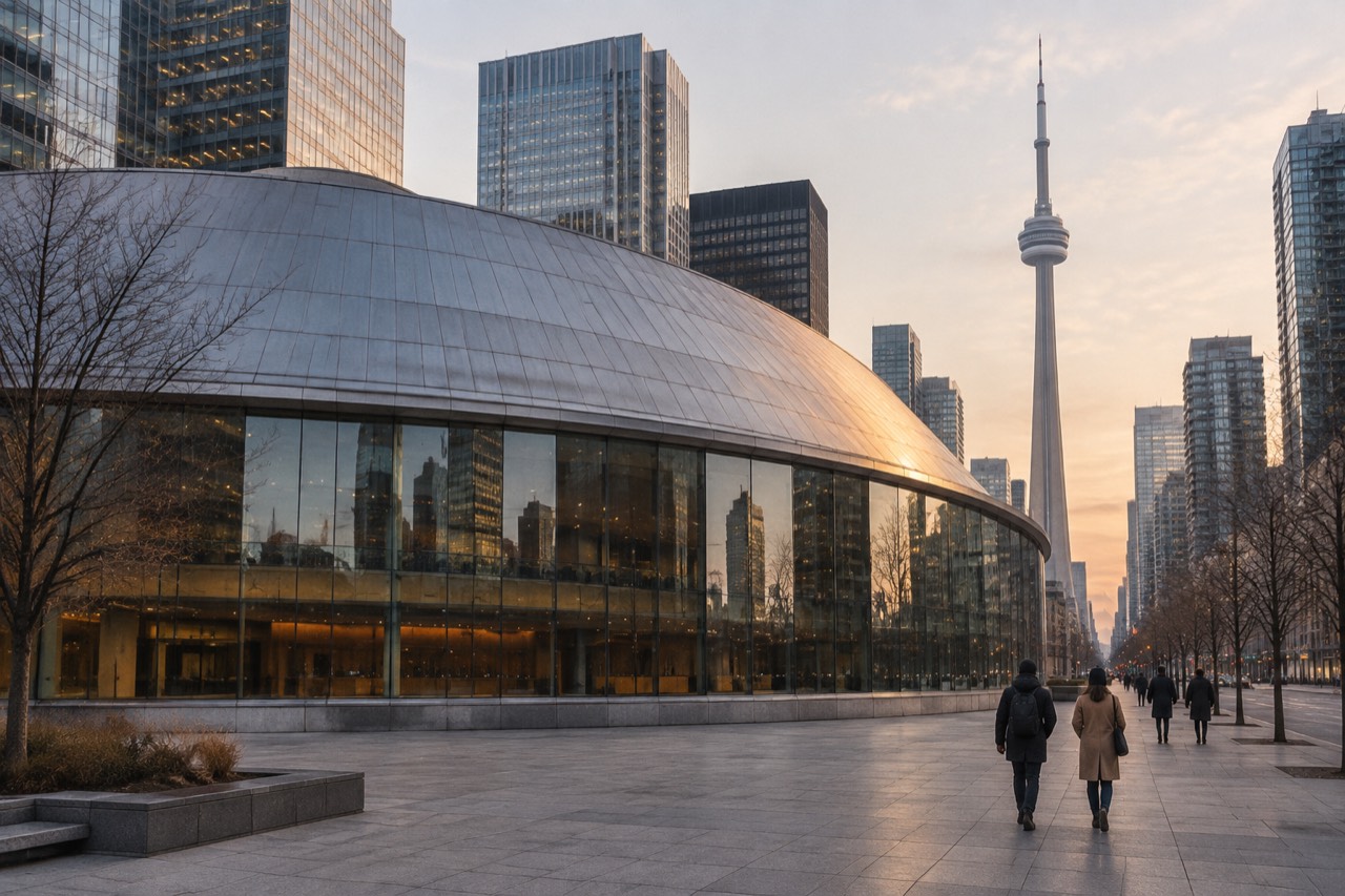 Curved glass concert hall with silver roof in downtown Toronto at dusk
