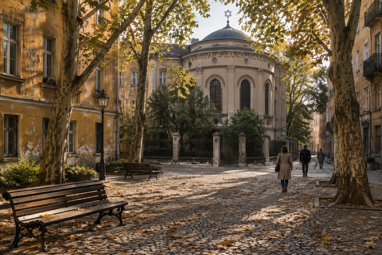 Modest synagogue facade among ochre tenements on a tree-lined Budapest square in autumn light.