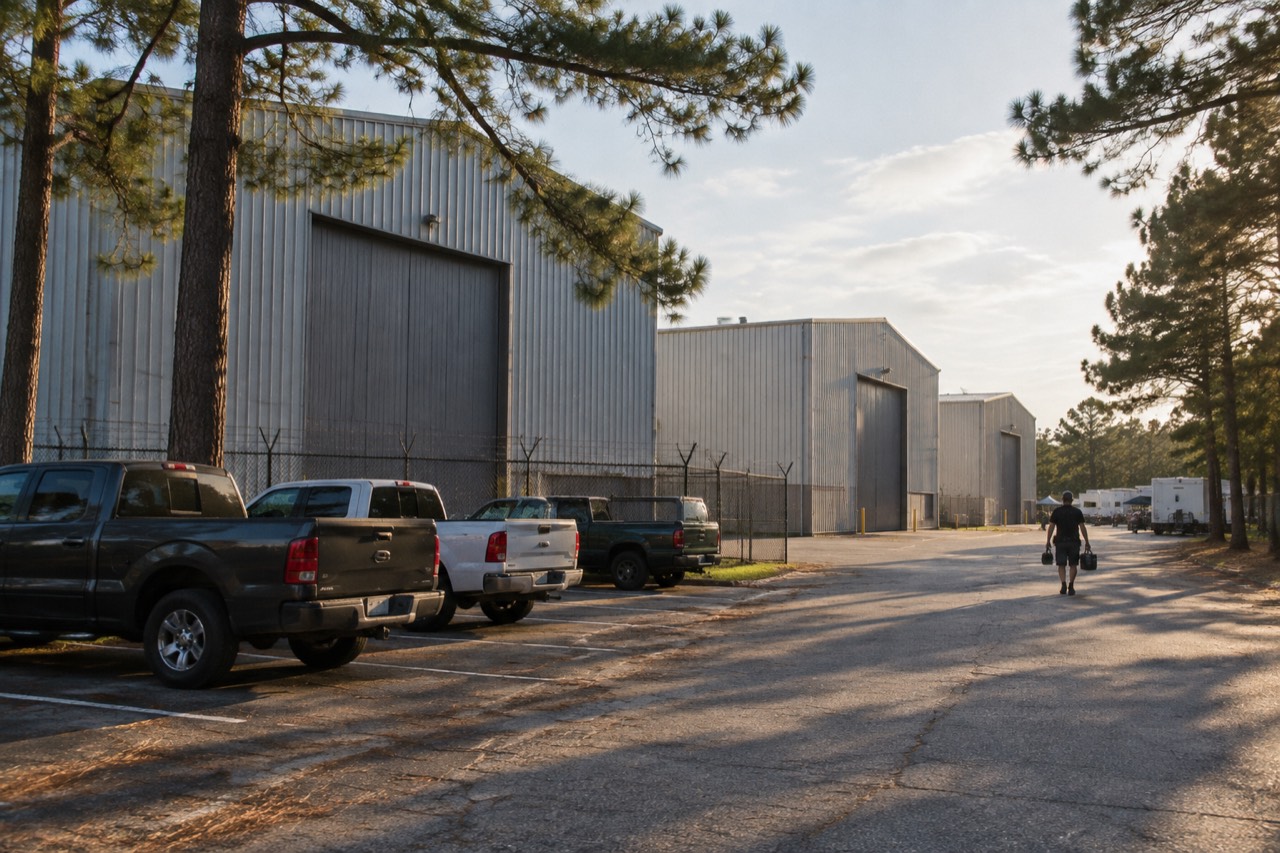 Vast corrugated soundstage buildings and truck-filled lot under humid coastal Carolina afternoon light.