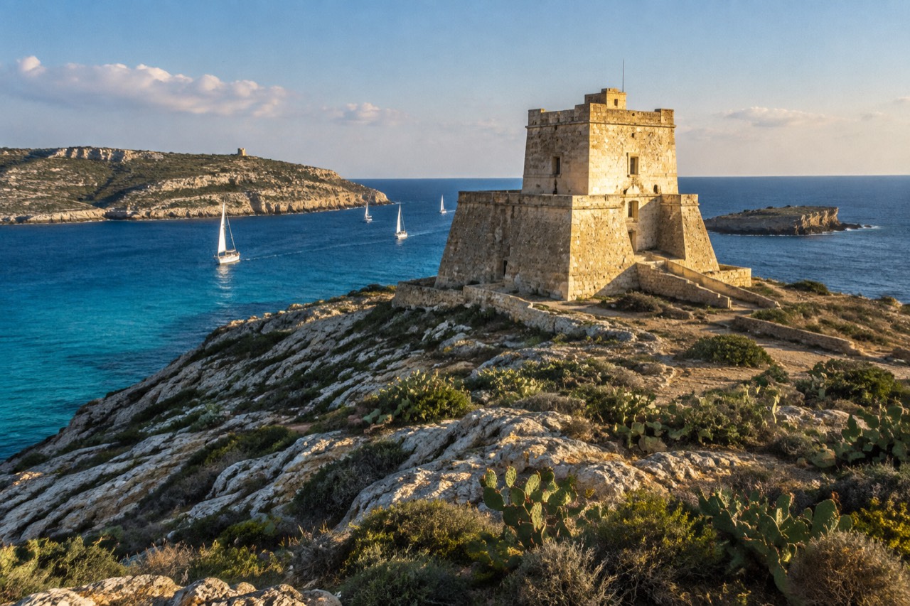 Stone watchtower on a rocky Mediterranean island surrounded by clear blue sea and scrub.
