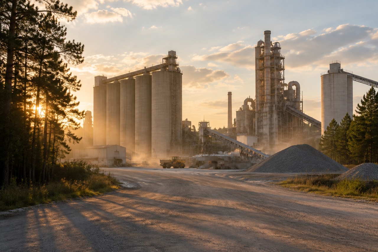 Cement plant silos and industrial towers in golden haze, gravel yard and pines below.