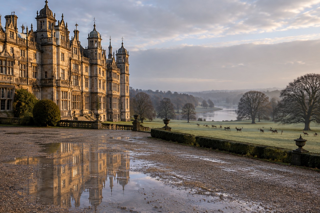 Golden limestone Elizabethan manor with turrets before misty parkland, lake and deer in autumn light.