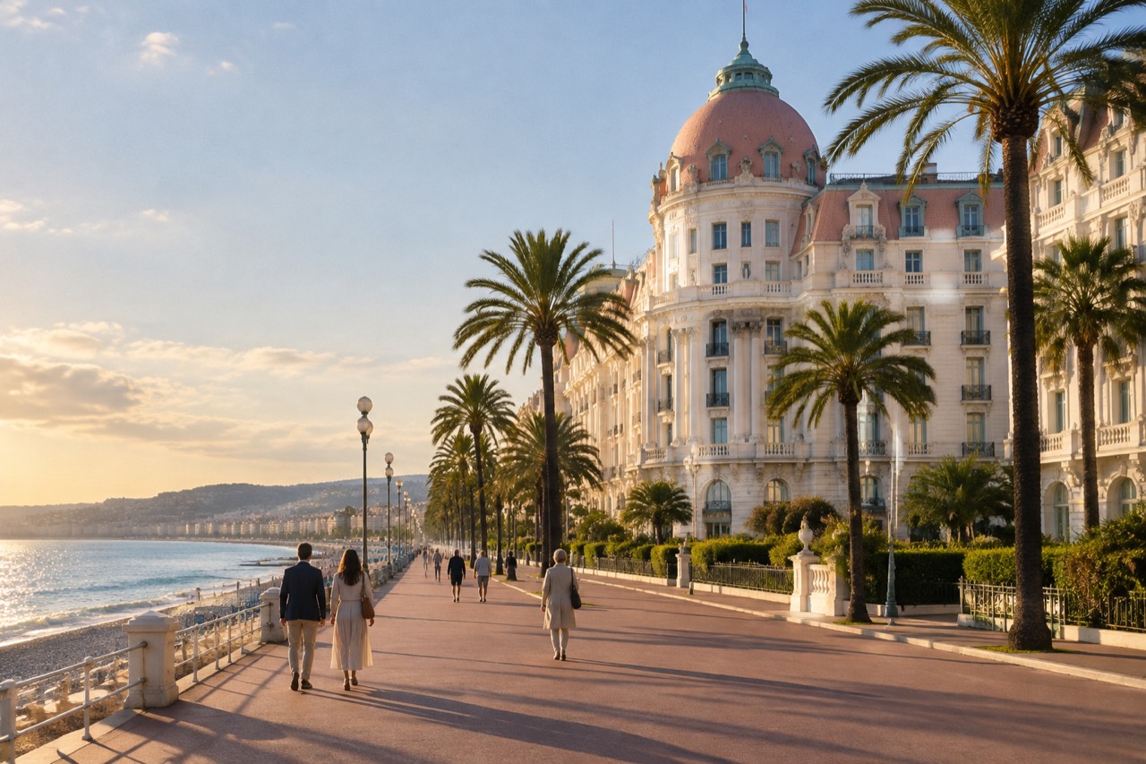 Grand domed Belle Époque hotel façade along the Nice seafront promenade with palm trees at sunset.