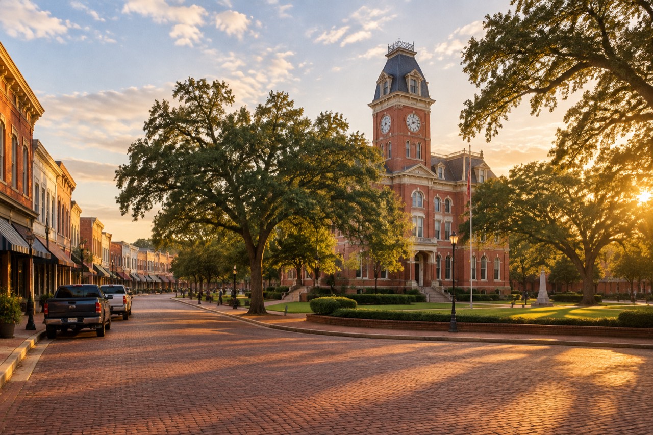 Historic red-brick courthouse with clock tower overlooking a sunny small-town Georgia square with brick streets.