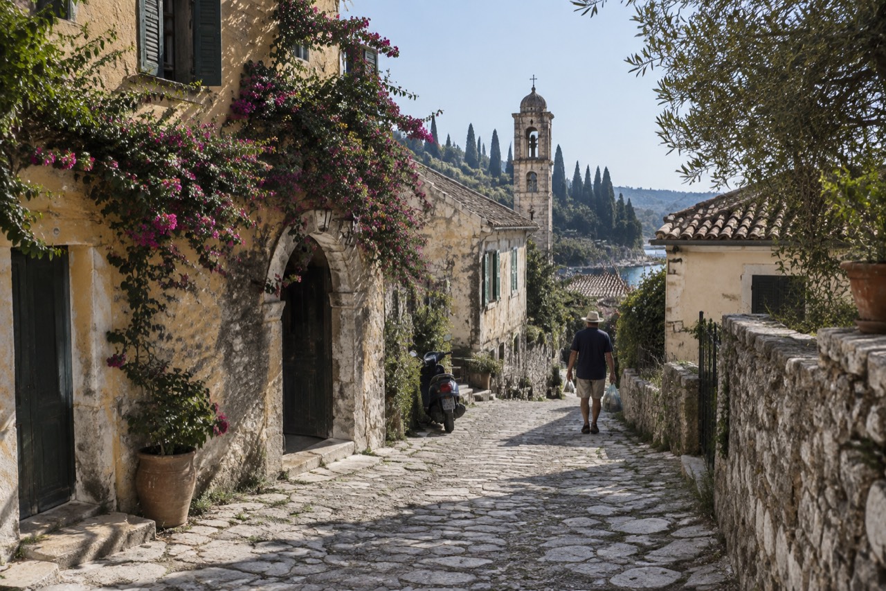 Sunlit cobblestone lane with stone houses, shutters, bougainvillea and cypress hills in Corfu