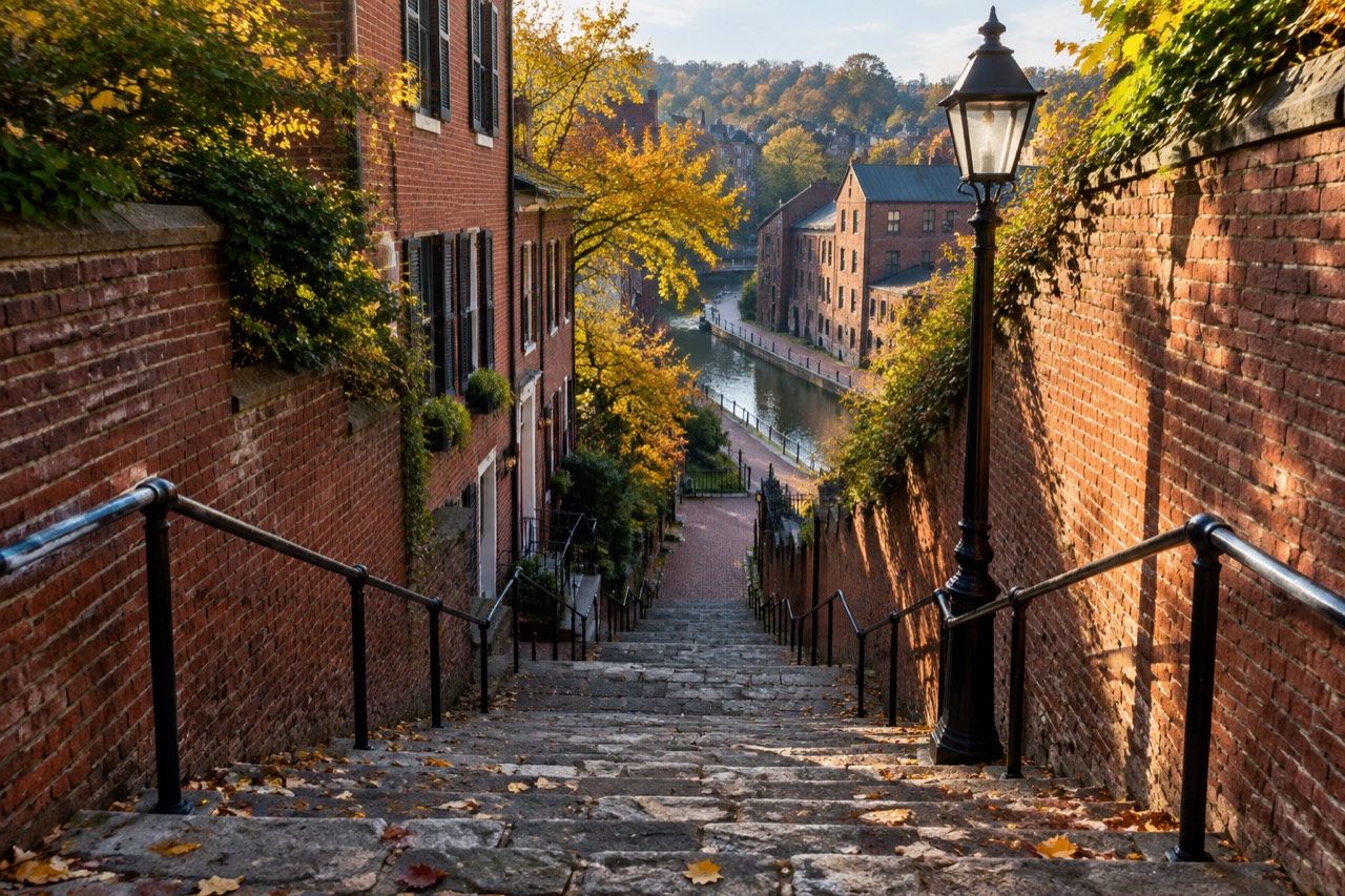 Steep stone steps descending between brick walls in historic Georgetown, autumn afternoon.