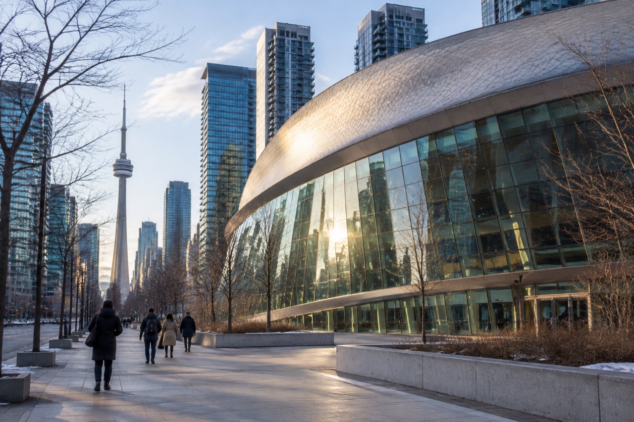 Curved glass concert hall with rounded metallic roof amid downtown Toronto towers in winter