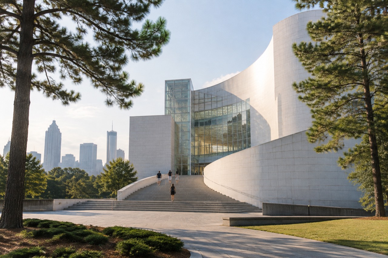 White modernist museum building with curved ramp and plaza steps in Atlanta