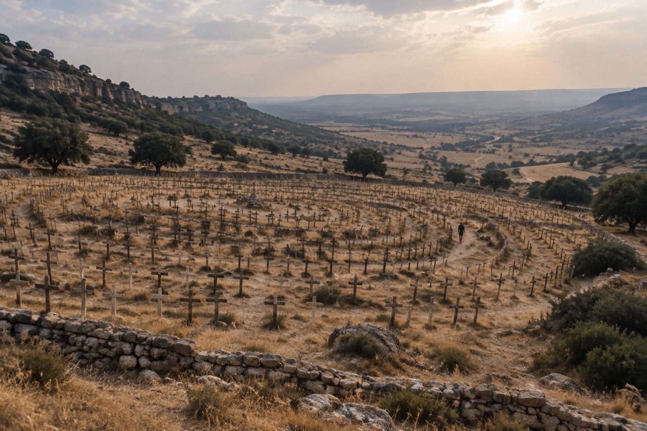 Wooden crosses in concentric circles on a dry golden hillside in rural Spain.