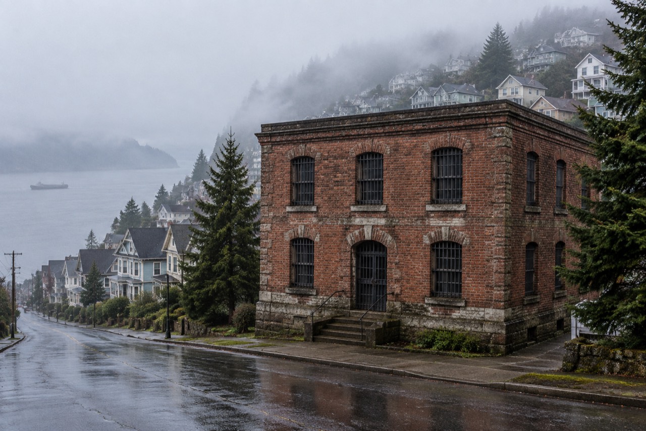 Old red-brick building with barred windows on a foggy hilly Astoria street.