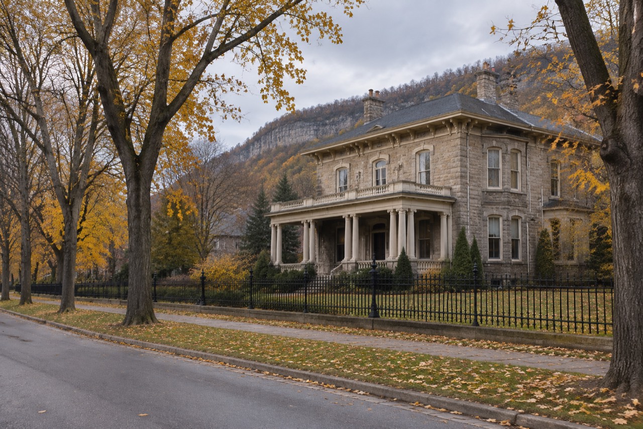 Grand Victorian stone mansion behind a wrought-iron fence on a leafy Hamilton boulevard in autumn.