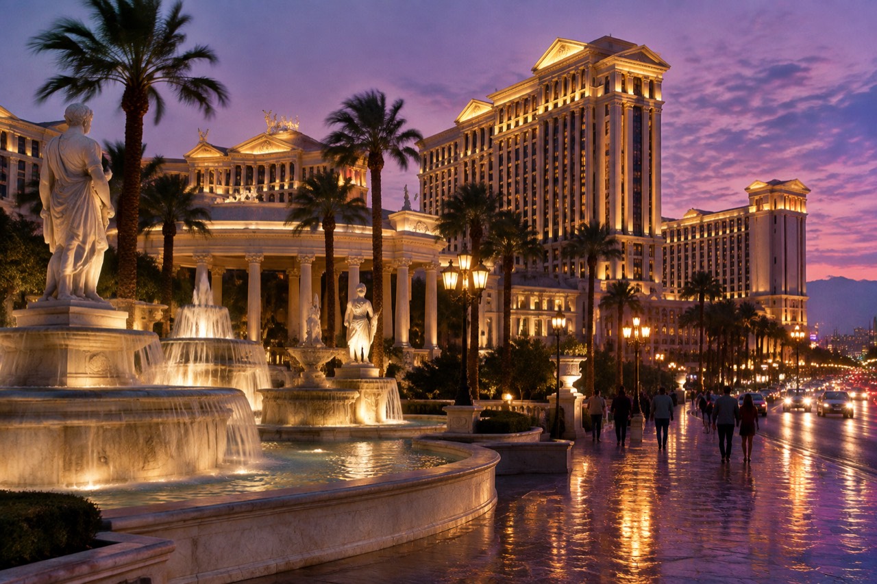 Marble fountains and statues before a colonnaded casino resort at dusk in Las Vegas