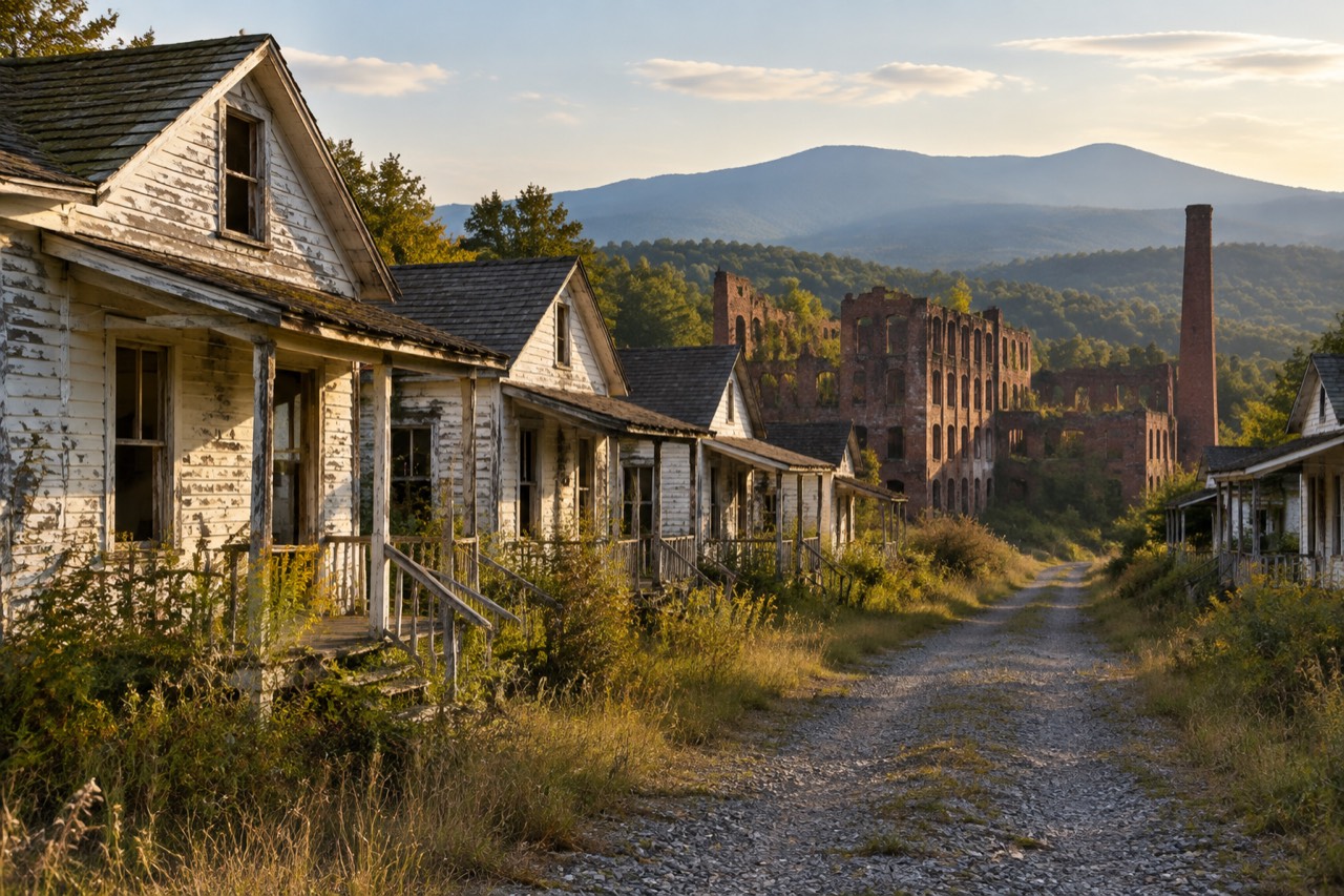 Abandoned weatherboard mill cottages and brick ruin on a gravel lane in North Carolina foothills.