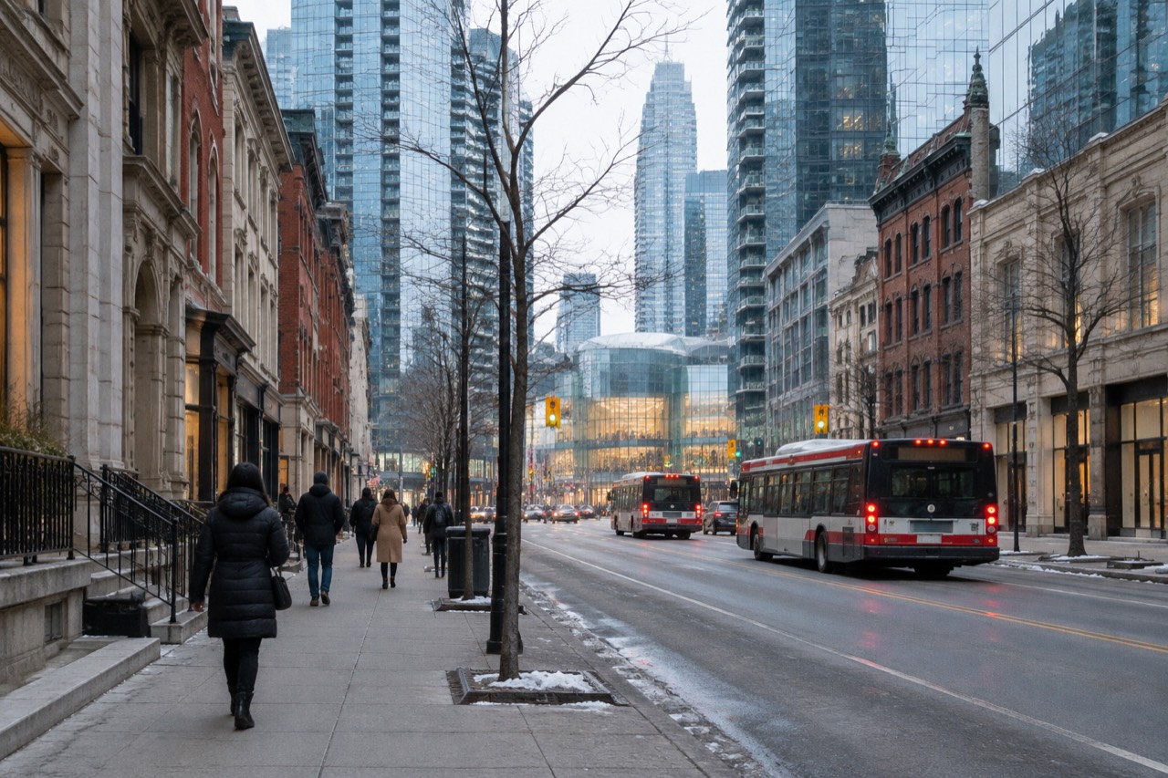 Downtown Toronto street with glass towers, brick storefronts, buses and pedestrians in morning light