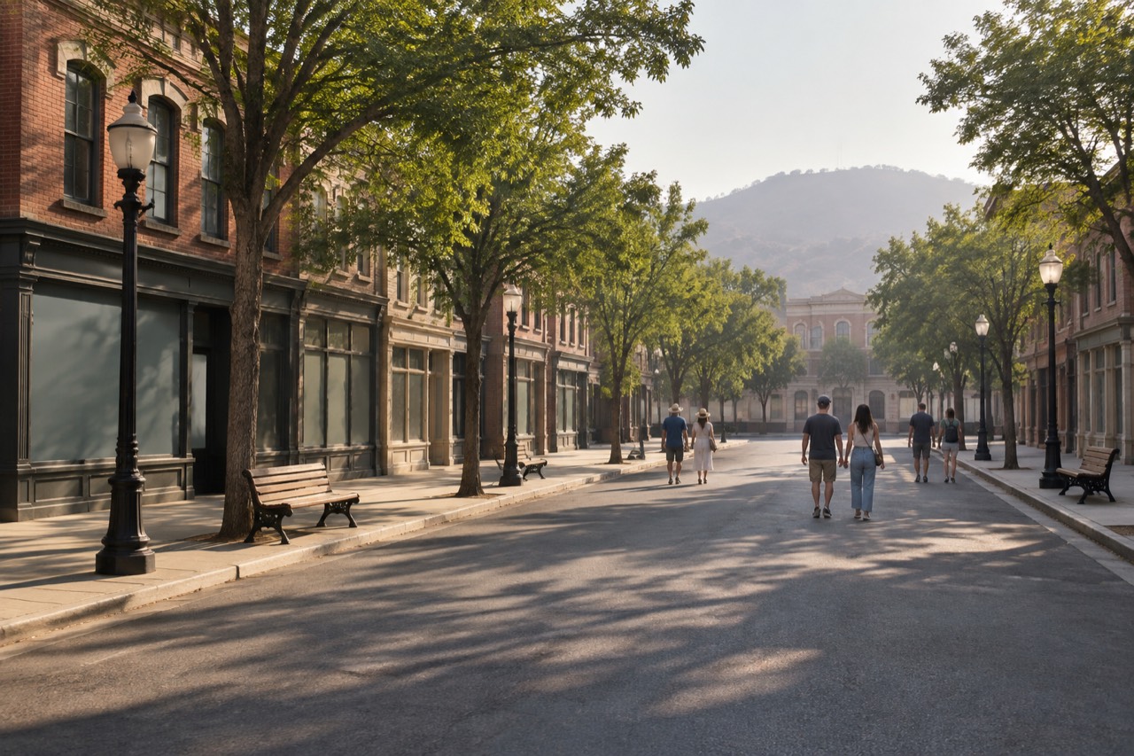 Sunlit studio backlot street resembling a brick Midwestern town square with empty storefronts and lampposts.