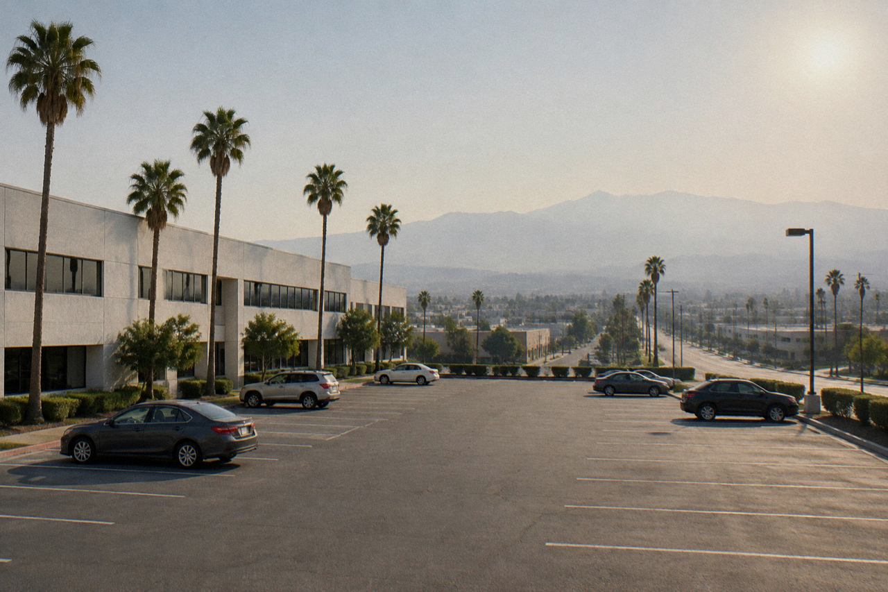 Beige stucco office building behind a wide parking lot with palm trees in hazy sunlight.
