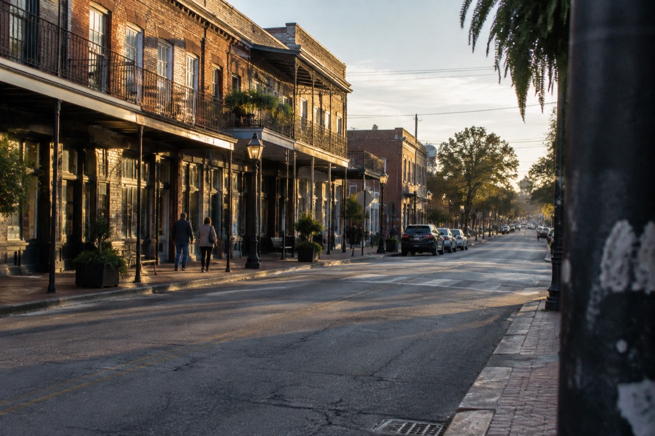 Brick storefronts with iron balconies line a quiet small-town main street in warm light.