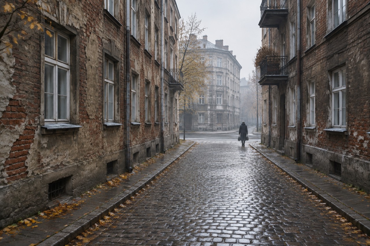 Narrow cobblestone Warsaw street with weathered brick tenements under hazy autumn morning light.