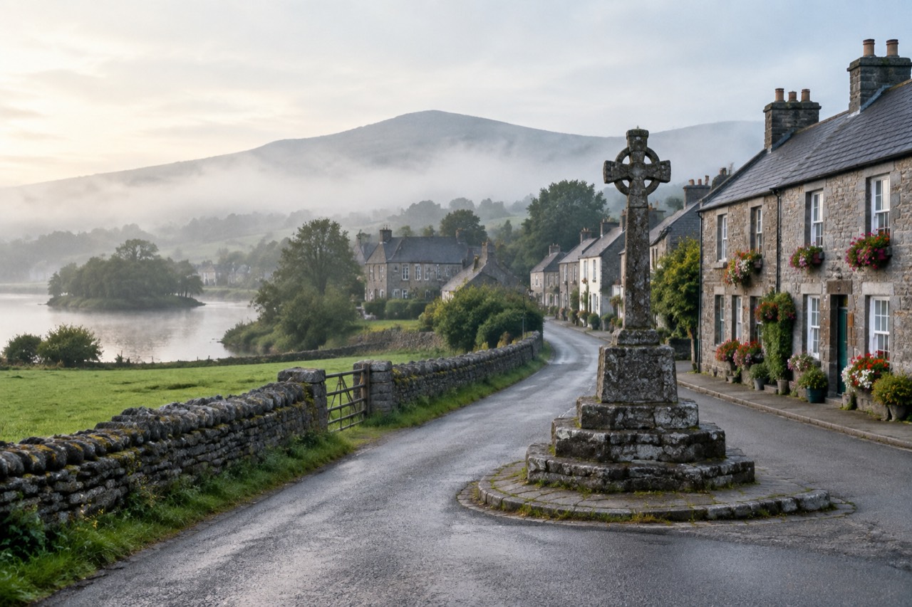 Quiet Irish village street with stone cottages, slate roofs, old market cross, and morning mist