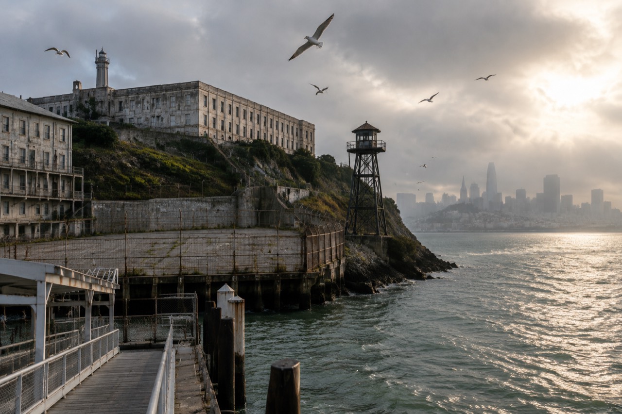 Alcatraz Island's concrete cellhouse and guard tower above San Francisco Bay in hazy afternoon light