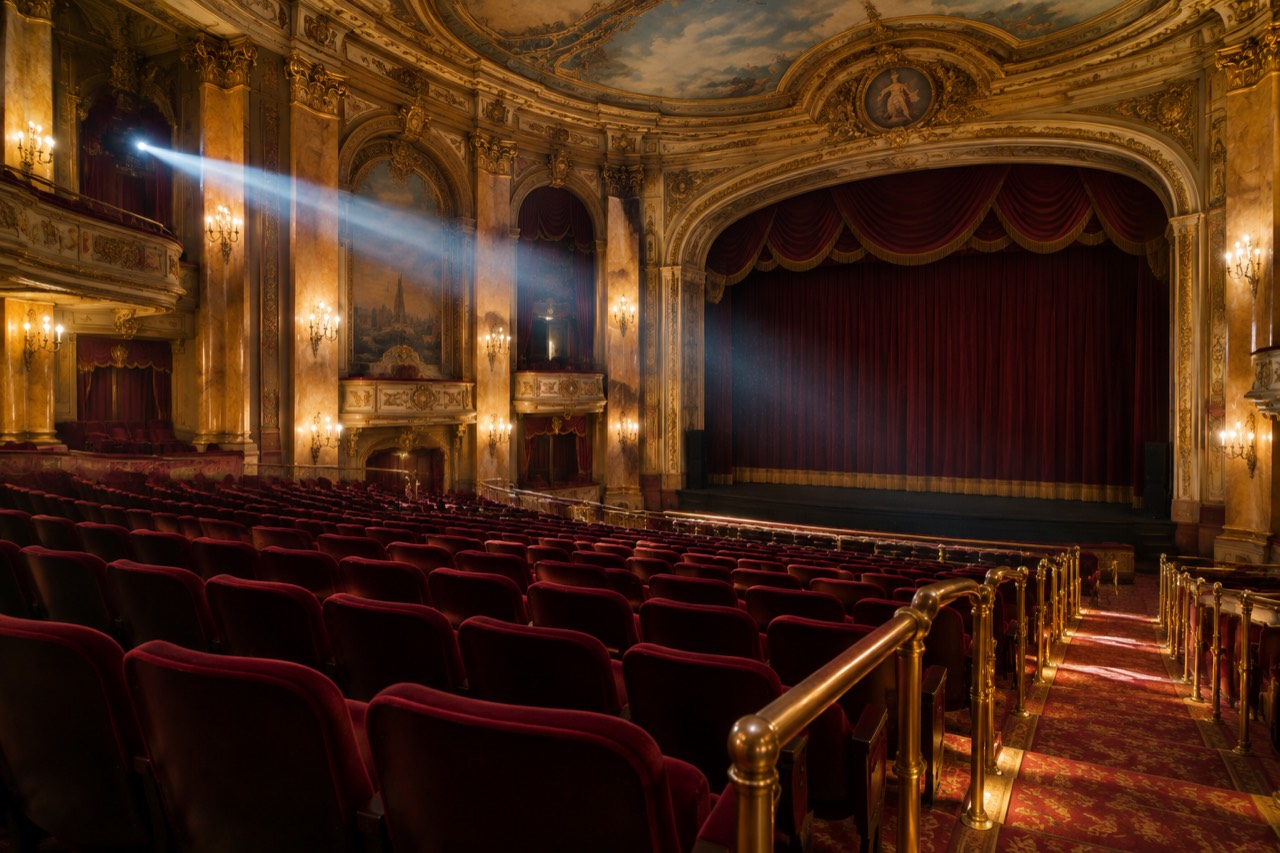 Ornate Edwardian theatre interior with red velvet seats and warm golden house lights