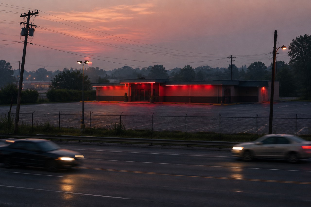 Low roadside club with red-lit facade beside a highway parking lot at dusk.