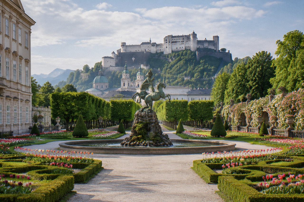 Baroque garden with winged horse fountain and hilltop fortress behind