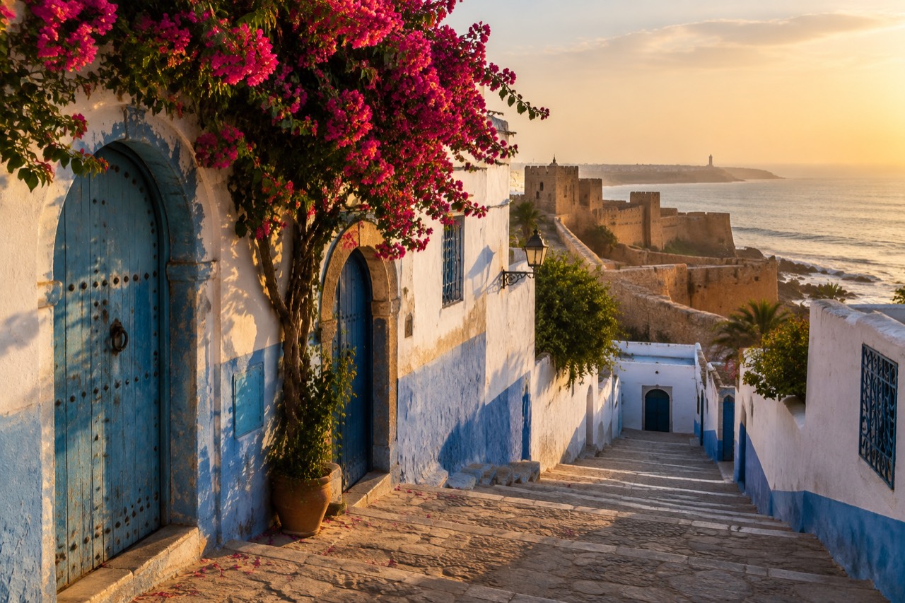 Sunlit blue-and-white alley in Rabat's old kasbah with ochre ramparts and Atlantic beyond
