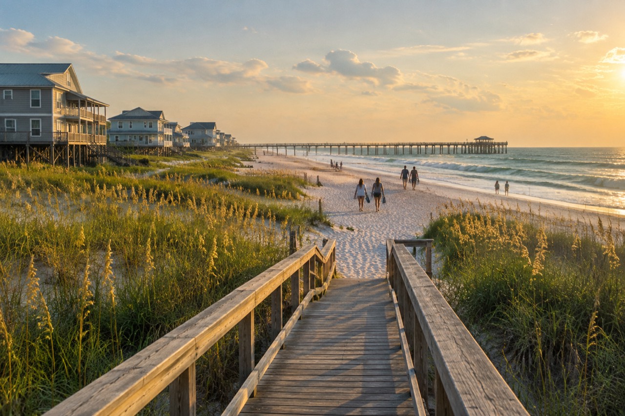 Wooden pier over dunes and gentle surf at a sunny Atlantic beach town