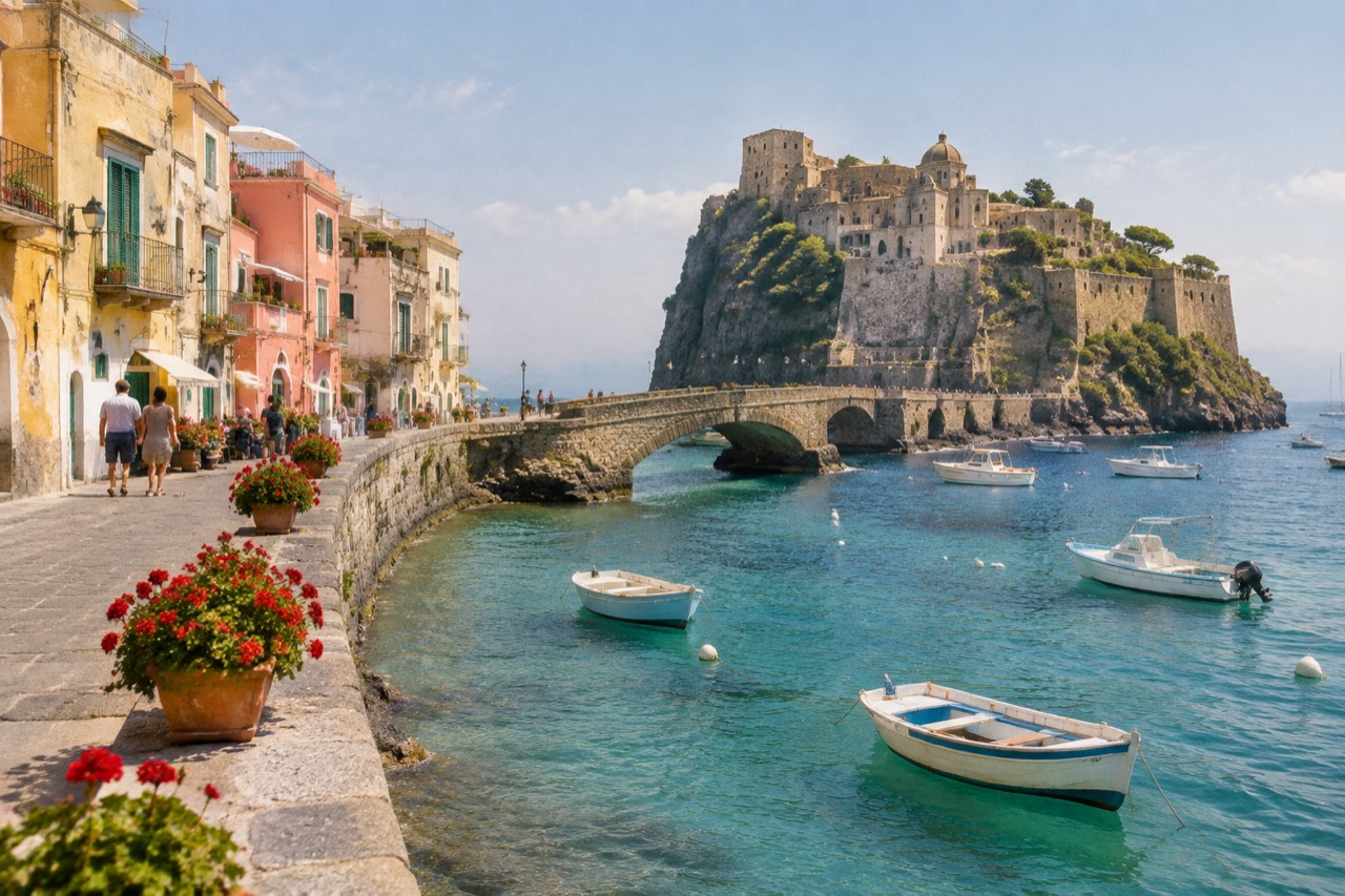 Stone bridge leading from pastel waterfront houses to a cliff-top castle islet above turquoise sea.