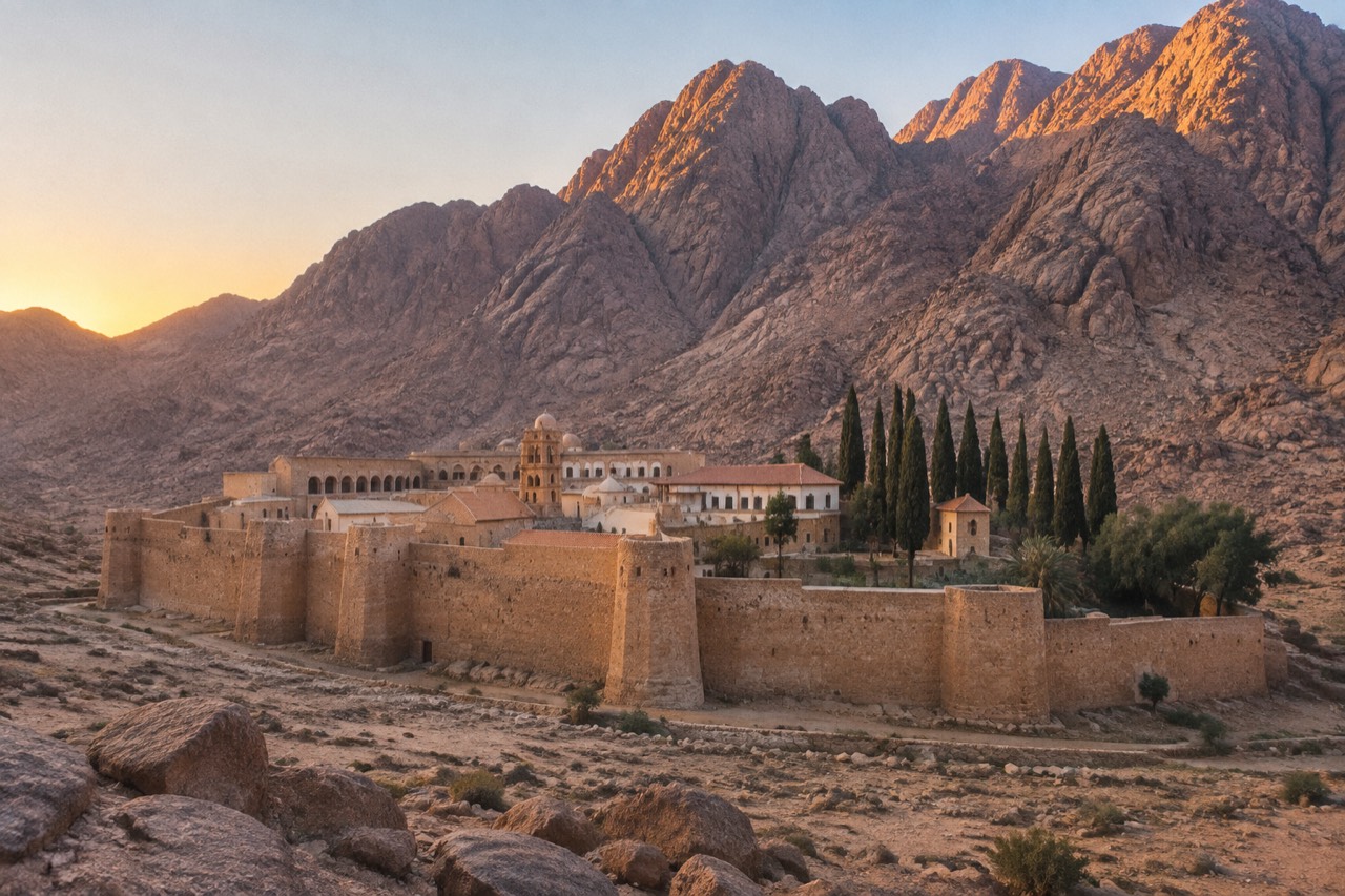Ancient stone monastery beneath rugged Mount Sinai peaks at dawn, surrounded by desert mountains.