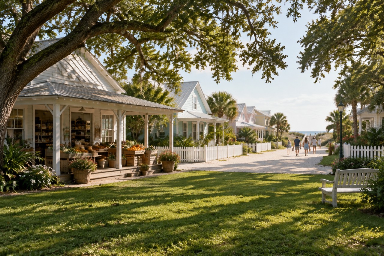 Pale wooden grocery storefront by a grassy square in a pastel Florida beach town.